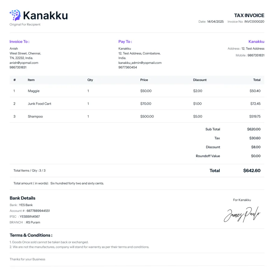 Invoice template preview in Kanakku