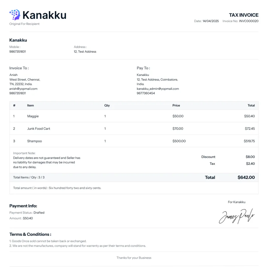 Credit note issued against an invoice in Kanakku
